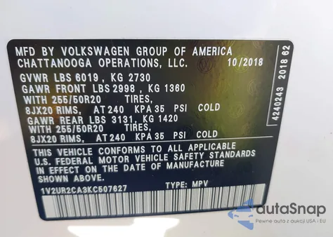 2019 Volkswagen Atlas Se из США, поврежденный, VIN 1V2UR2CA3KC507627